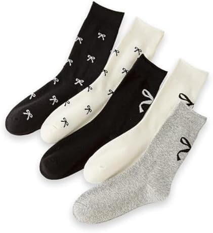 Women's Crew Socks Calf Cotton Cute Bow Pattern Campus Style Sock for Girls White Black Grey Fancy Printed Socks 5pack Size5-9