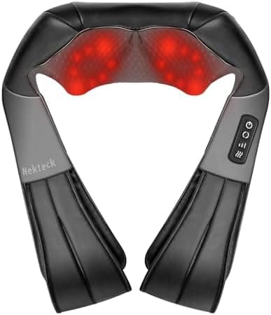 Nekteck Shiatsu Neck Massager with Heat for Pain Relief Deep Tissue, 2026 Upgraded 3D Back Shoulder Kneading Massage Pillow, Body Muscle Relaxation Tools Gifts for Him Her, Black (NOT Cordless)