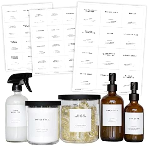 Clean-Modern White Preprinted Bathroom Labels for Organizing Minimalist Home by Paper & Pear - Square Waterproof Labels for Shower Bottles, Laundry & Cleaning Supplies- Set of 36, 2.6 Inches (No Jars)