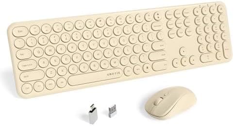UBOTIE Wireless Keyboards and Mouse, Quiet Scissor Switches Slim Keyboards Mice Set, Silent Full Size 111 Round Keycaps with Adjustable DPI Mouse, Power On/Off Button for PC Laptop (Light Khaki)