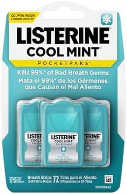 Listerine PocketPaks Cool Mint Breath Strips, Portable Pocket-Sized Oral Care Mouth Freshener, Dissolving Strips Kill 99% of Bad Breath Germs, Sugar Free, 3 x 24-Strip Packs