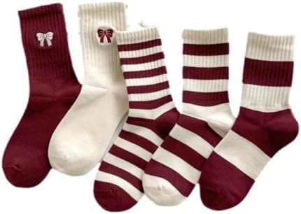 Fashion Red Socks for WomenCute Stripe & Bow Pattern Ankle Crew Socks Holiday Gifts for Women 5 Pairs
