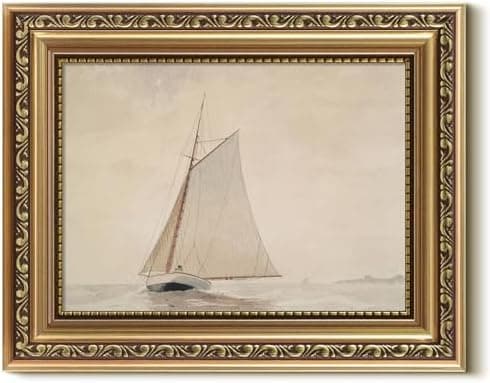 VIYYIEA Gold Framed Wall Art, White Sailboat Canvas Print Home Decor Vintage Art Painting Picture Bathroom Wall Decor, Sketch Artwork for Living Room Bedroom Kitchen Office - 10L x 8W