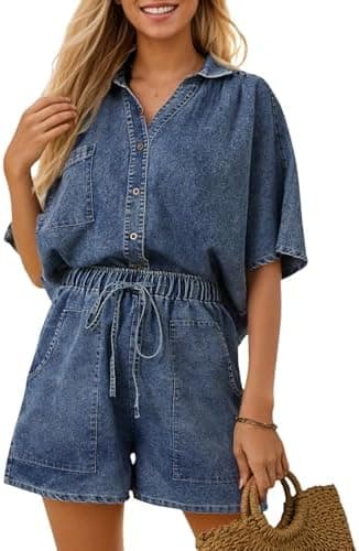 Zilcremo Womens 2 Piece Outfits Summer Denim Sets Short Sleeve Button Down Crop Jean Shirts High Waist Denim Shorts Sets