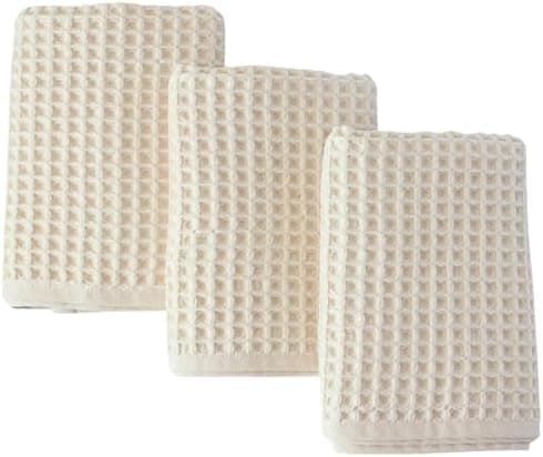 PÜSKÜL Organic Waffle Kitchen Towel Pure 100% Turkish Cotton Set of 3 Natural Raw-Undyed Towel - Premium Quality Soft Quick-Dry Absorbent Lint-Free Hand & Dish Towels Large 32X16 (3, Natural Beige)