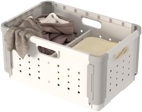 HAIXIN HOME 42L Plastic Laundry Basket with Divider for Pre-Sorting, Stackable Storage Bins with Hidden Wheel for Clothes Toy Storage, Portable Dirty Clothes Laundry Hamper, Storage Basket for Shelves