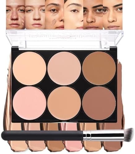 evpct 6 Colors Concealers Full Coverage Cream Contour Palette with Brush for Older Women, Under Eye Color Corrector Tri Color Pot Concealer Palette for Dark Circles Mature Skin Makeup, Waterproof, B1