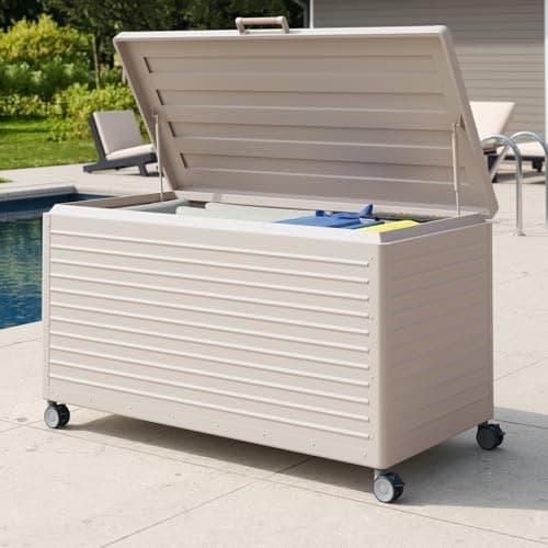 MIRADOR 175 Gallon Outdoor Storage Box Waterproof, Metal Deck Box with wheels for Patio Furniture, Garden Tools, Outdoor Cushion, Latte