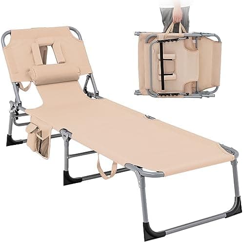 Tangkula Tanning Chair with Face Hole, Patio Folding Adjustable Reclining Beach Sunbathing Lounge Chair with Side Pocket, Portable Face Down Chaise Lounge for Outdoor Backyard Poolside (1)