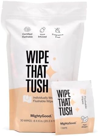 Wipe That Tush On-The-Go Flushable Wipes - 1 Pack of 30 Individually Wrapped Wipes - Fragrance Free - Extra Large & Soft - Hypoallergenic With Aloe & Vitamin E - Septic-Safe
