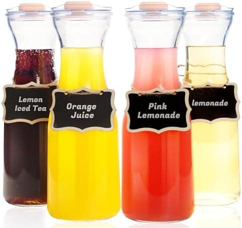 Set of 4 Glass Carafes with Flip Top Lids (33 Oz) – Clear Glass Water Pitchers and Beverage Serveware for Mimosa Bars, Brunch, Parties, Wine, Juice, Milk, Iced Tea, and Lemonade with Easy-Pour Spout