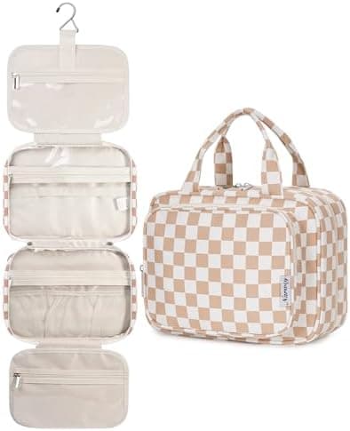 Narwey Hanging Toiletry Bag for Women Travel Makeup Bag Organizer Toiletries Bag for Travel Size Essentials Accessories Cosmetics (Light Checkerboard (Medium))
