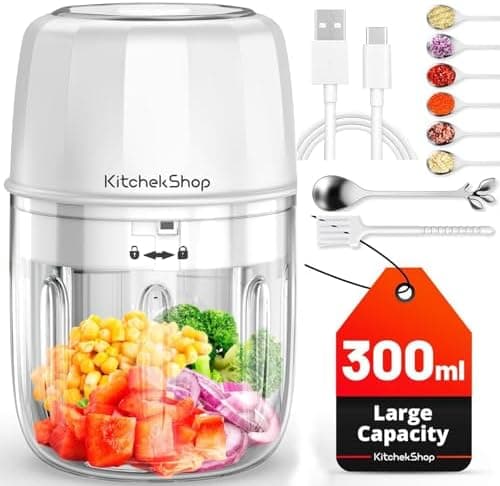 KitchekShop Electric Garlic Chopper, 300ML Portable Cordless Mini Food Processor, Rechargeable Vegetable Chopper Blender for Nuts Chili Onion Minced Meat and Spices BPA-Free(White)
