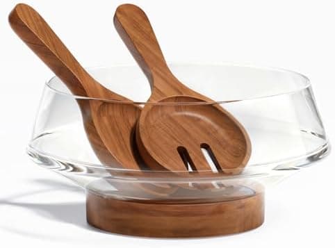 SoulThink® Golden Ratio Large Crystal Glass Salad Bowl Set - Hosting Essentials Salad Serving Bowl with Acacia Wooden Serving Utensils and Base - Dinner Party Must Haves for All Occasions