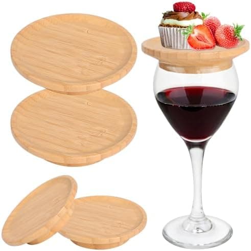 Cuoct 4PCS Wine Glass Charcuterie Topper - Bamboo Coasters Plate for Restaurants, Bars, Family Gatherings