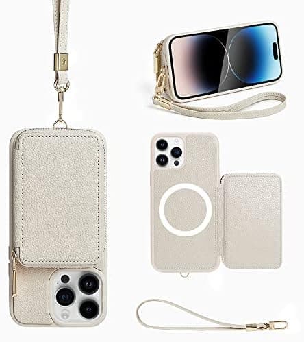 ZVE Wallet Case for iPhone 14 Pro Max 6.7 inch, Magsafe Zipper Leather RFID Blocking Cards Holder Slots Case with Magnetic Wireless Charging, Protective Cover for iPhone 14 Pro Max 6.7"(2022)-Beige