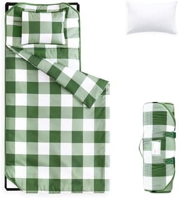 Wake In Cloud - Cot Nap Mat with Pillow and Blanket, for Toddler Kids Boys Girls in Daycare Kindergarten Preschool Pre K with Elastic Corner Straps, Buffalo Check Plaid, Olive Green White