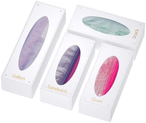 FEMELI Food Bag Storage Organizer, Acrylic Kitchen Drawer Baggie Box, Compatible with Gallon, Slider Quart, Freezer, Sandwich, Snack, Variety Size Bags, 4 separate Pack(White)