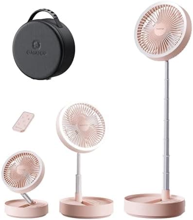 Gaiatop Portable Pedestal Fan 16000mAh Battery [Max 74h Runtime], Foldable Oscillating Standing Fan, Collapsible Desk Fans, LED Light, Case & Remote Control, 4 Speeds for Outdoor Travel Camping (Pink)