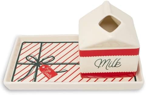 Steel Mill & Co Ceramic Milk & Cookies for Santa Set, 2-Piece Christmas Eve Tray & Milk Jug Gift Box Design, Holiday Tableware Set for Festive Christmas Décor (Bow)