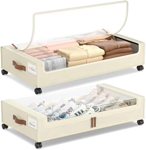 Yecaye Under Bed Storage with Wheels, 2 Pack Under Bed Storage Containers, 60L Underbed Shoe Storage with Clear Window & Label, Rolling Under Bed Metal Drawer for Clothes, Shoes, Books, Blankets