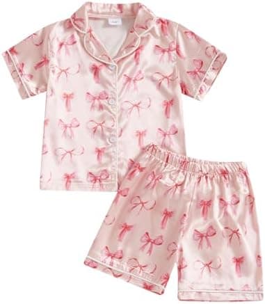 Kuriozud Toddler Baby Kids Satin Pajamas Short Sleeve Button Down 2 Piece Pajama Set Little Girl Sleepwear Summer Pajamas