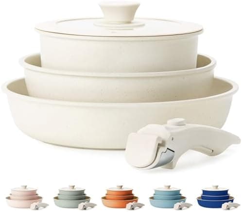 KIKCOIN 5 Pcs Pots and Pans Set Non Stick - Detachable Handle Cookware Set, Induction Nonstick Kitchen RV Cooking Set Removable Handle - Dishwasher ＆ Oven Safe ＆Heat Evenly for Better Cooking