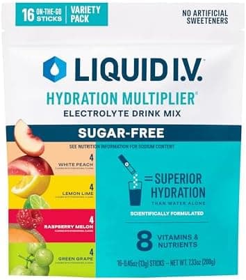Liquid I.V.® Hydration Multiplier Sugar-Free Variety Pack - Raspberry Melon, Lemon Lime, White Peach, Green Grape | Electrolyte Powder Drink Mix | 1 Pack (16 Servings)