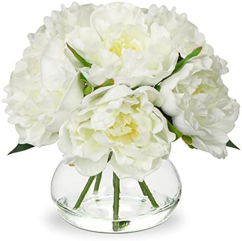 Hollyone Fake Flowers White Peonies Artificial Flowers Faux Flowers with Vase Peony Silk Flower Arrangements in Glass Vase with Faux Water for Home Decor Bathroom Table Centerpiece Shelf Decorations