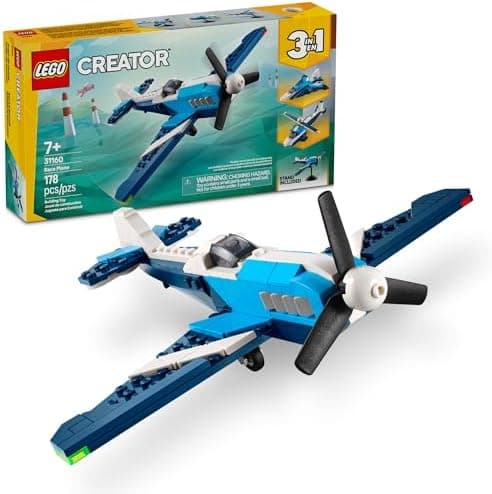 LEGO Creator 3 in 1 Aircraft Race Plane Toy - Building Toy with 3 Building Options, Airplane, Fighter Jet, or Helicopter - Gift Idea for Kids, Boys and Girls, Ages 7+ - 31160