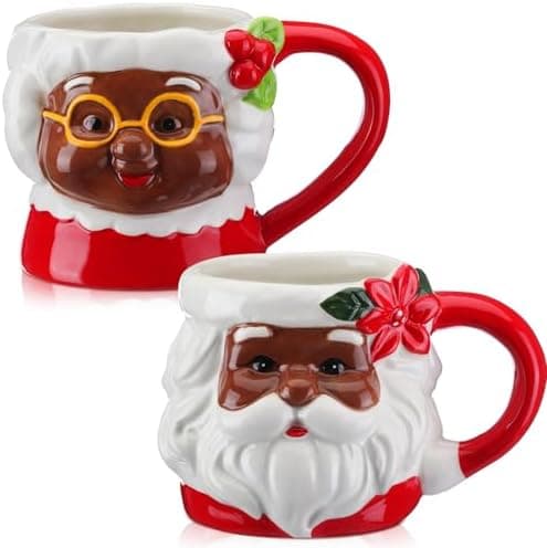 Willinglong 2 Pcs Black Mrs. Santa Claus Mugs African American Mrs. Santa Claus Ceramic Mugs Christmas Holidays Gifts Set Bulk Vintage Camping Coffee Tea Cups for Couples Xmas Gifts Party Supplies