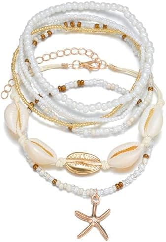 Qceasiy Shell Ankle Bracelet Set for Women, Gold Plated Boho Bead Adjustable Anklet, Hawaiian Beach Seashell Pearl Heart Starfish Conch Foot Jewelry Gifts