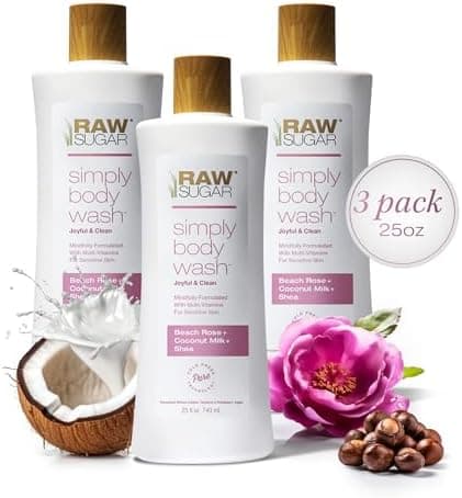 RAW SUGAR Simply Body Wash, Beach Rose + Coconut Milk + Shea (25 Fl Oz, Pack of 3) Sensitive Skin Bath Soap, Formulated without SLS/SLES & Parabens…