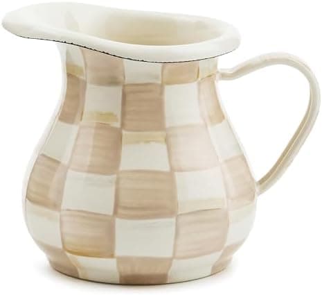 MACKENZIE-CHILDS Enamel Creamer, Creamer Dispenser with Pour Spout, Kitchen Enamelware, 14-Ounce Capacity, Brown-and-White Mocha Check