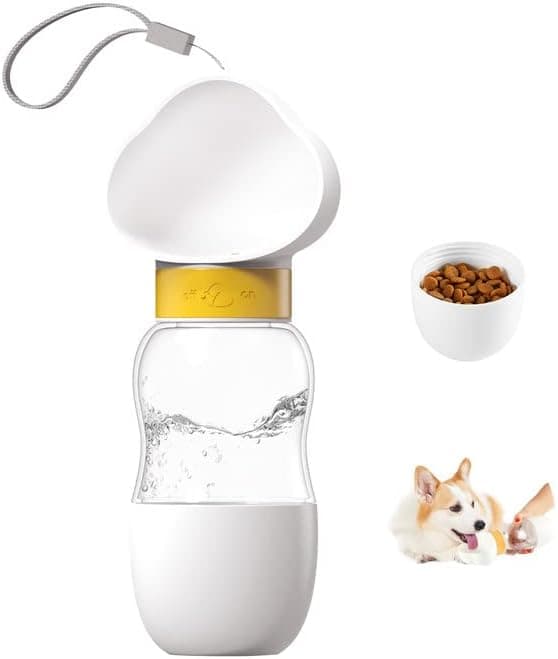 MEREN Portable Dog Water Bottle, 2 in 1 Dog Water Bottle Dispenser with Food Container, Leak Proof, 19oz (White)