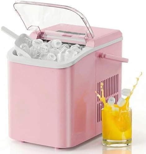 NEWBULIG Ice Makers Countertop with Handle, Portable Ice Machine, 9 Bullet Ice Cubes in 6 Mins, 26lbs in 24Hrs, Auto-Cleaning, with Basket and Scoop, for Home, Kitchen, RV, Camping,Pink