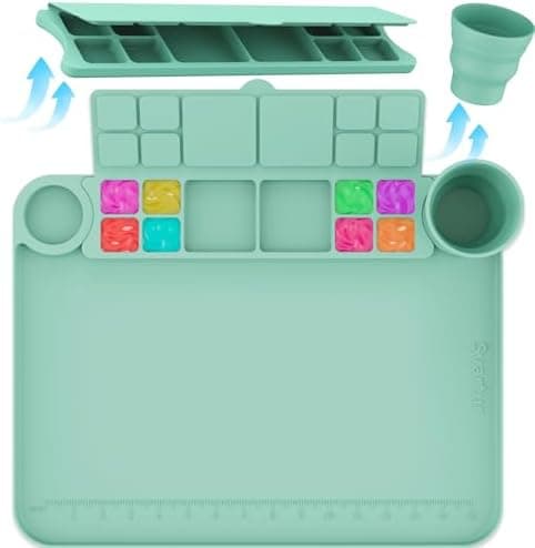 Svartur Silicone Painting Mat with Cup and Palette Detachable, 17"X13" Thick Silicone Craft Mat with Raised Edge for Artist, Painting Station Creator Mat, Green