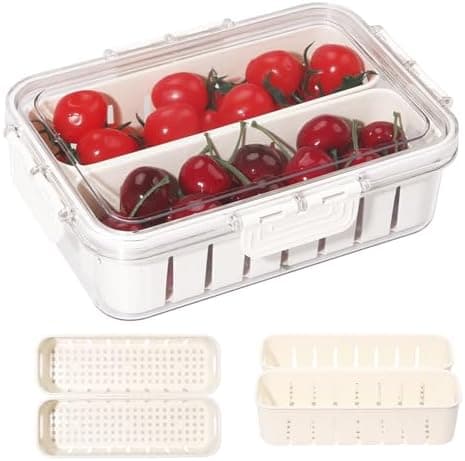 Artendjoon Divided Serving Tray with Lids&2 Removable Colanders, Kitchen Organizers and Storage, Berry Containers for Fridge, Food Storage Container with Lids, Snack Box, Apartment Essentials