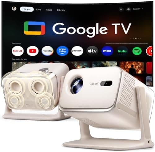 Aurzen BOOM mini Google TV Outdoor Smart Projector with Voice Control, Family Mode, 20W Dolby Audio, WiFi & Bluetooth, 4K Supported Movie Projector for Backyard/Bedroom/Home Theater/Ceiling, Off-white
