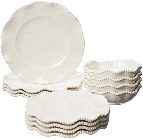 Perlette Off-White Beaded 12-Piece Dinnerware Set – Includes 4 Dinner Plates, 4 Salad Plates, 4 Bowls (7.5" x 2", 22 oz) – Elegant Unbreakable Melamine, Heavyweight, Perfect for Indoor/Outdoor Dining