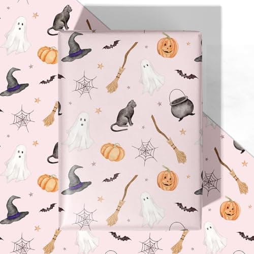 WRAPLULU Pink Halloween Wrapping Paper - 4 Jumbo Sheets, 28 * 40 Inches - Spider, Ghosts, Waith Hats, Cats and Pumpkin Gift Wrap, Perfect for Halloween's Decorations, Holiday, Party