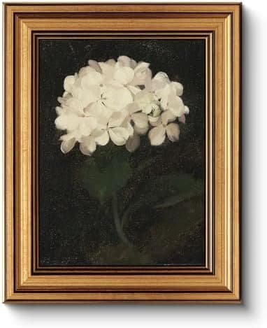 HUARCEY Gold Framed Vintage Wall Art for Living Room, Flowers Painting Canvas Prints Shelf Decor for Kitchen, Aesthetic Bedroom Wall Art, Christmas Gifts for Friends or Family (White Hydrangea 8"x10")