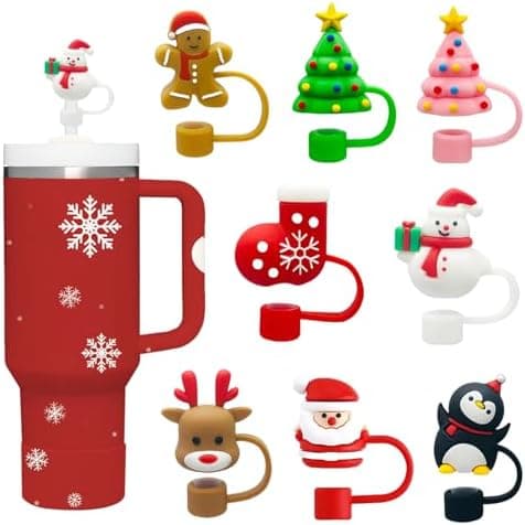 8PCS Christmas Straw Toppers - Stanley Cup Accessories for Tree, Santa Claus, Snowman, Colorful Silicone Straw Covers
