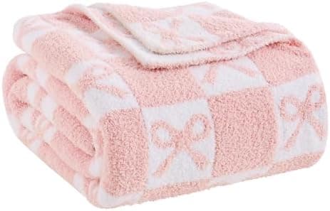 YIRUIO Pink Checkered Knit Throw Blanket with Bow Pattern for Women Daughter 50x60 Ultra Soft Microfiber Reversible,Fluffy Fuzzy Cozy Throw for Bed, Sofa & Couch Home Decor
