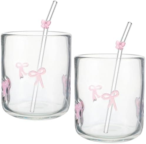 Skylety 2 Set Pink Bow Icon Juice Glass with Pink Bow Glass Straws Aesthetic Cup 14 Ounce Double Old Fashioned Icon Handblown Cocktail Cup for Women Sister Friend Part, Not Suitable for Hot Water