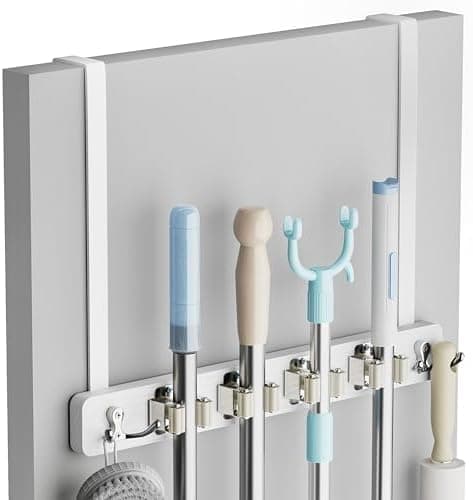 Lorbro Broom Holder Door Mount, Over the Door Broom and Mop Holder with 2 Over Door Hooks, Wood Broom Hanger, Tool Rack Organizer for Laundry, Garage, Closet, Kitchen Decor, 4 Slots & 4 Hooks Rustic