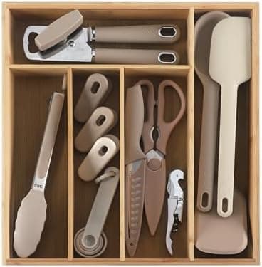 COOK WITH COLOR Bamboo Kitchen Utensil Set with Drawer Organizer | Cooking Tools and Storage Caddy, Brown, 18 Piece Gadget Set