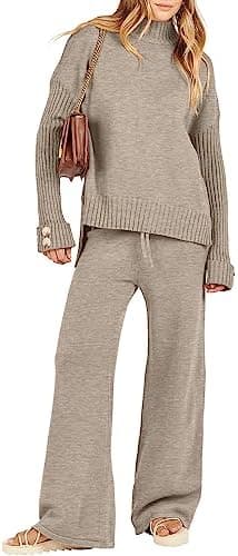 ANRABESS Women's 2 Piece Outfit Sweater Lounge Sets Long Sleeve Knit Pullover Wide Leg Pant Tracksuit Loungewear 2025 Fashion Small