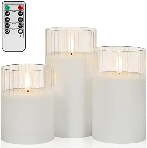 ANGELLOONG White Flameless Candles with Timer, Glass Flickering LED Candle with Remote, Set of 3 Battery Operated Pillar Candles for Bathroom Bathtub Home Decor Wedding Birthday Decoration
