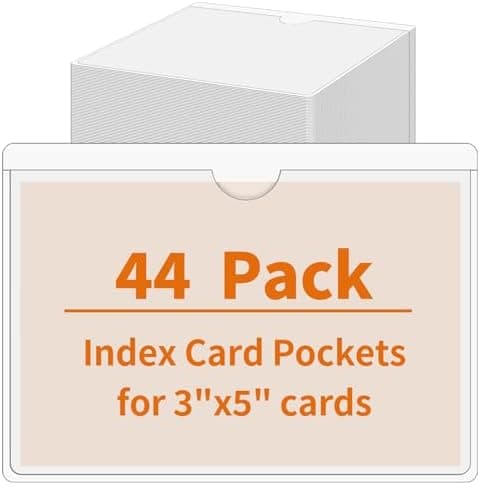 44 Pack Labels for Storage Bins, 3×5 Inches Index Card Holder Organizer, Clear Adhesive Pockets, Plastic Label Holders for Tote Library Card Bins Box Drawer Classroom Organization
